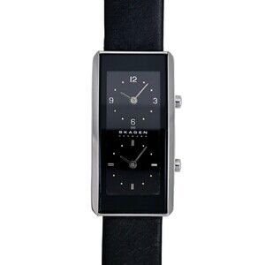 Skagen Dual Time Unisex Tnak Black Dial Genuine Black Leather 295USLB Watch